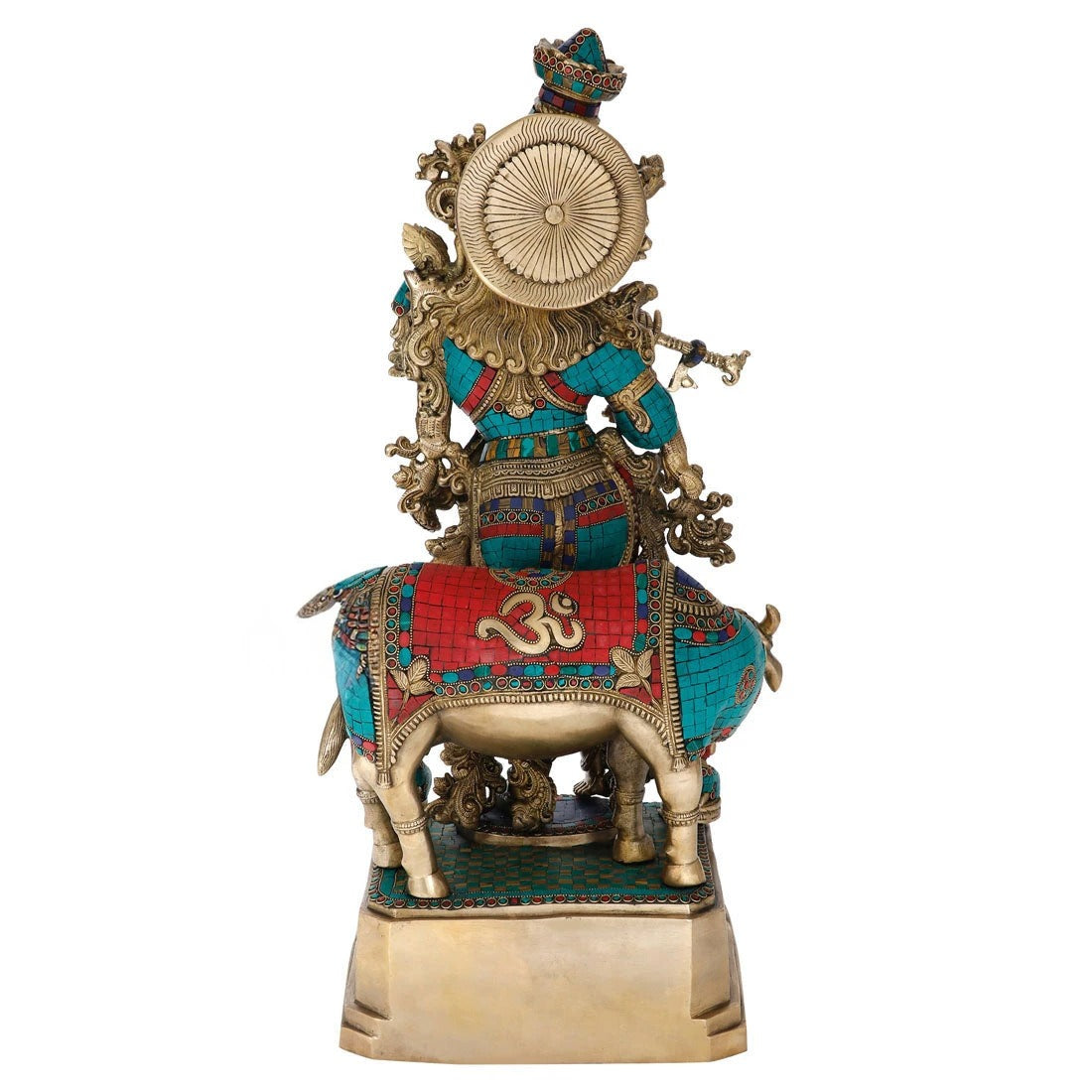 Brass Gem Stone Work Cow & Krishna Playing Flute Weight 36 Kg And Height 28 Inch