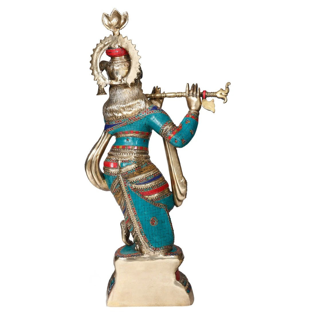 Brass Gem Stone Work Krishna Playing Flute Weight 27 Kg And Height 36 Inch