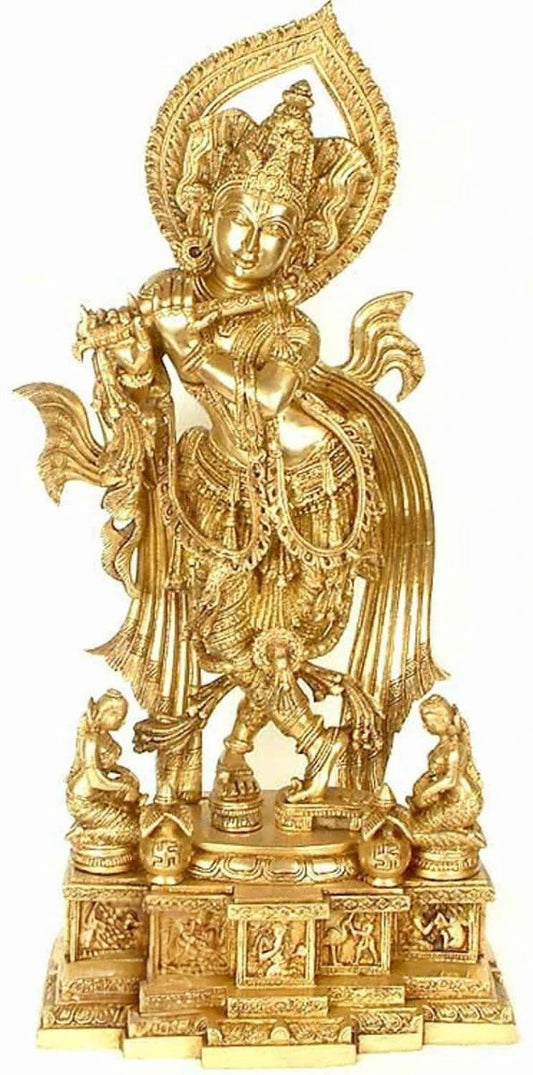 Brassaura® Lord Krishna Playing Flute Idol with Royal Golden Finish | Pure Superfine Brass Handcrafted Murti | Brass Statue for Home Temple, Pooja Room, Spiritual Décor & Luxury Gifting | Height 26 Inches | Weight 18 Kg