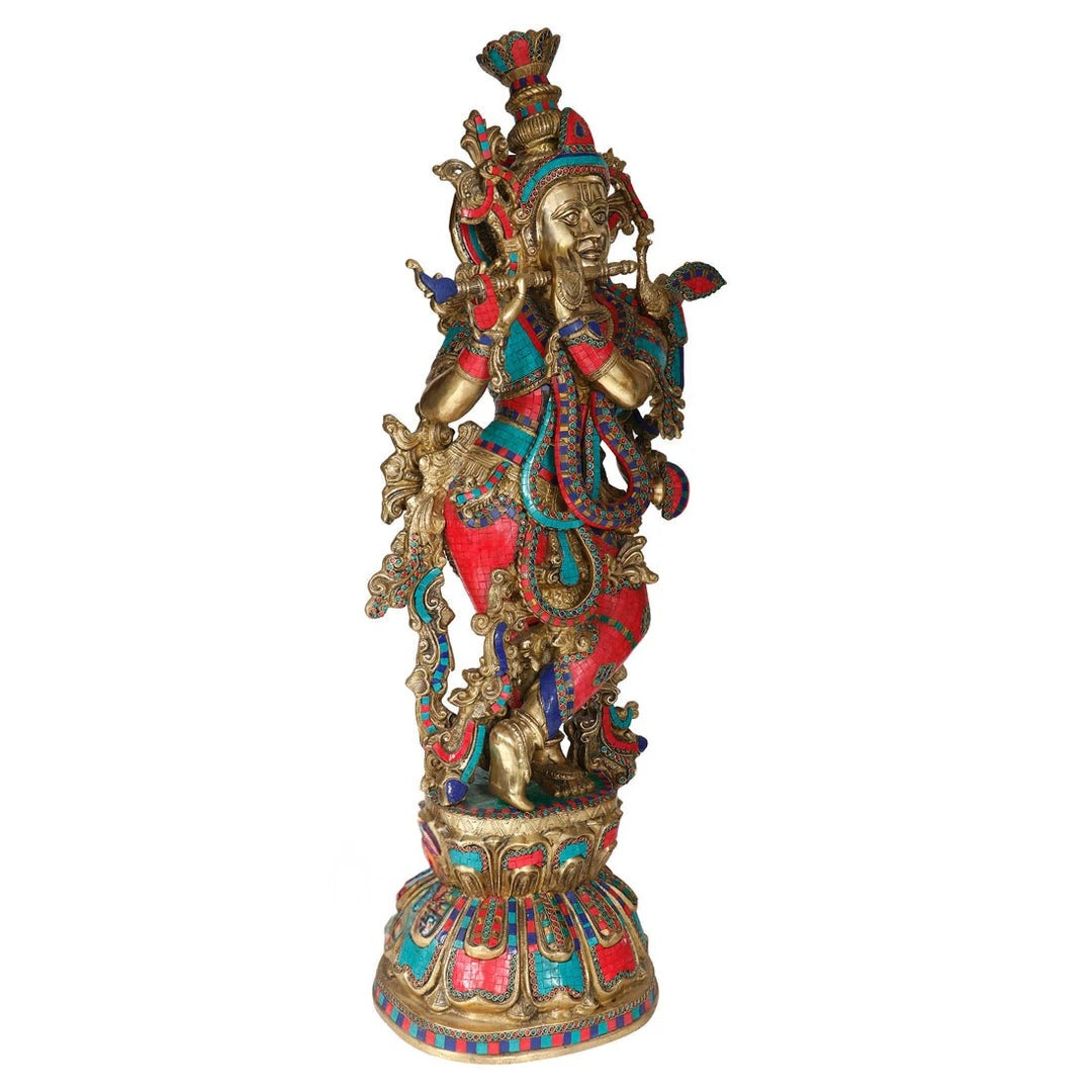 Brass Gem Stone Work Krishna Playing Flute Weight 25 Kg And Height 46 Inch