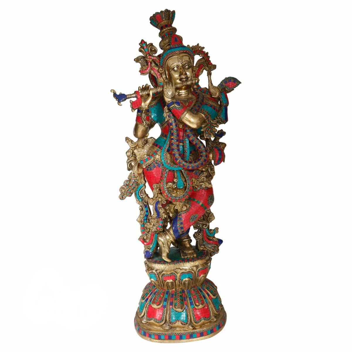 Brass Gem Stone Work Krishna Playing Flute Weight 25 Kg And Height 46 Inch