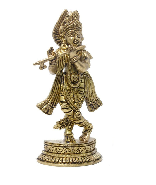 Brassaura® Lord Krishna Playing Flute Idol with Antique Finish | Pure Superfine Brass Handcrafted Murti | Brass Statue for Home Temple, Pooja Room, Spiritual Décor & Luxury Gifting | Height 6.5 Inches | Weight 0.65 Kg