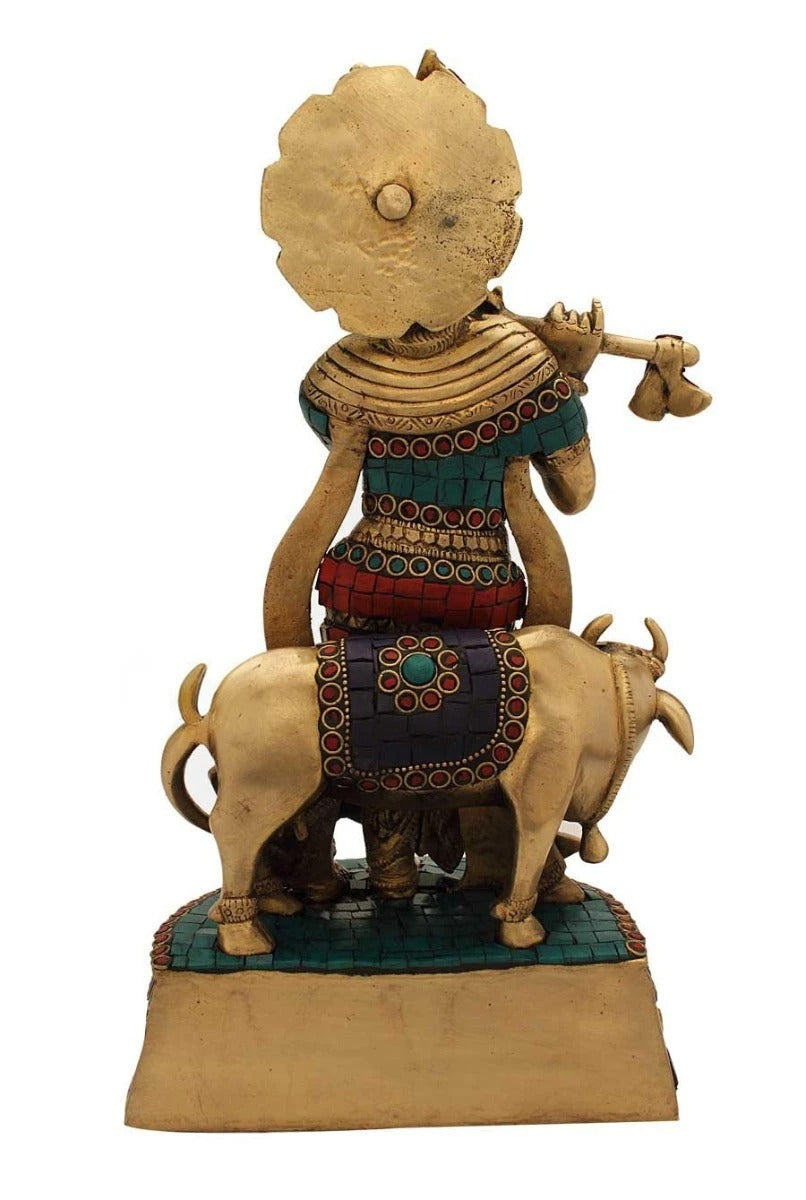 Brass Gem Stone Work Cow & Krishna Weight 4.5 Kg And Height 13 Inch