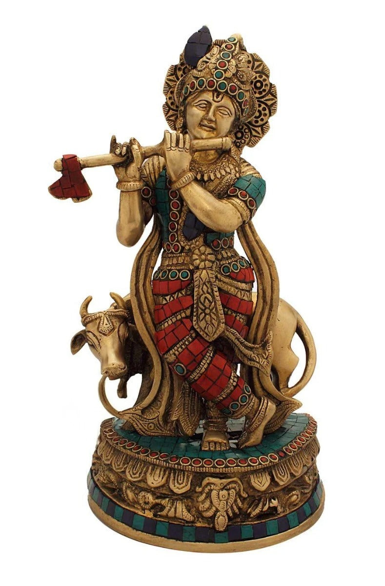 Brass Gem Stone Work Cow & Krishna Weight 4.5 Kg And Height 13 Inch