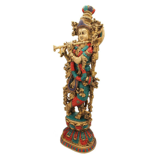 Brass Gem Stone Work Krishna Playing Flute Weight 16.5 Kg And Height 29 Inch