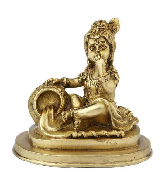 Brassaura® Bal Gopal Makhan Chor Idol with Royal Golden Finish | Pure Superfine Brass Handcrafted Murti | Brass Statue for Home Temple, Pooja Room, Spiritual Décor & Luxury Gifting | Height 6 Inches | Weight 1.9 Kg