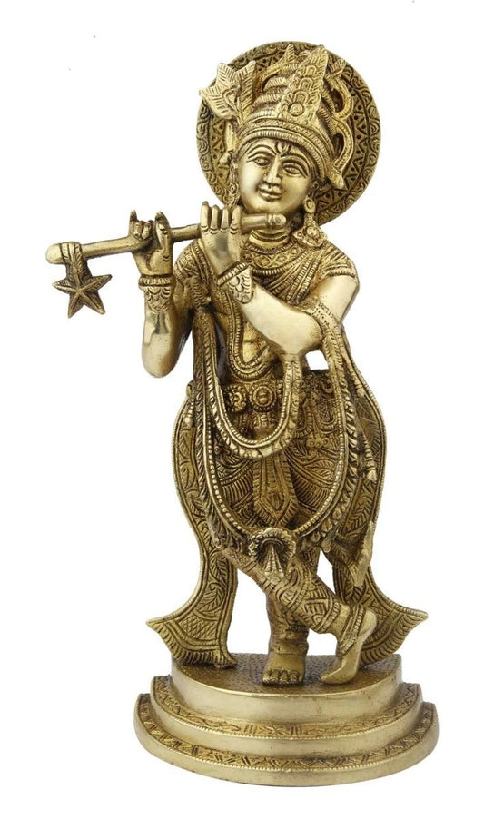 Brassaura® Lord Krishna Playing Flute Idol with Antique Finish | Pure Superfine Brass Handcrafted Murti | Brass Statue for Home Temple, Pooja Room, Spiritual Décor & Luxury Gifting | Height 12 Inches | Weight 3 Kg