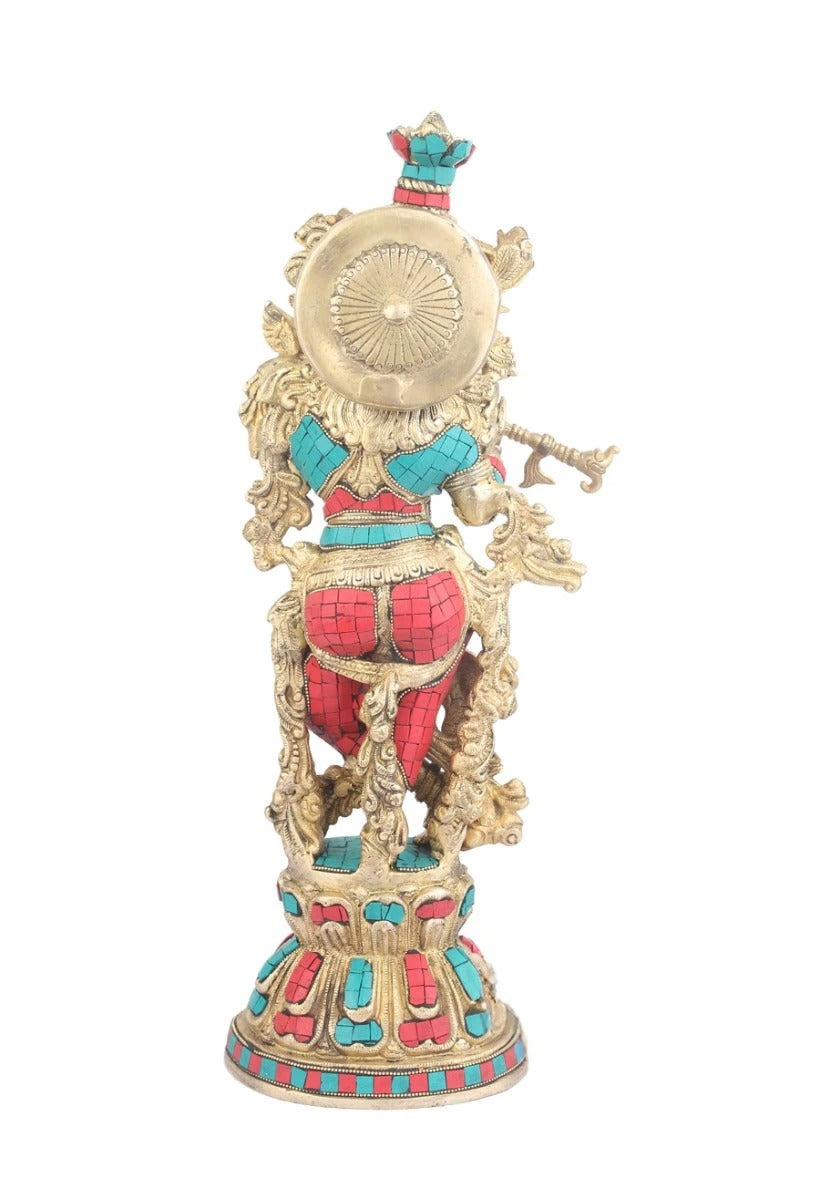 Brass Gem Stone Work Krishna Playing Flute Weight 9 Kg And Height 21 Inch