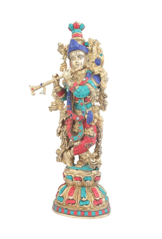 Brass Gem Stone Work Krishna Playing Flute Weight 9 Kg And Height 21 Inch
