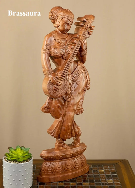 Brassaura™ Wodden Standing Lady With Veena Wall Panel For Home-Decor and Wall Hanging Weight 2.22 Kgs & Height 24 Inches