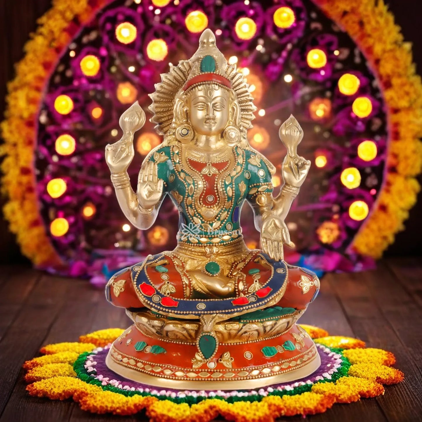 Brass Gem Stone Work Laxmi Mata for Home and Decor Height 9.3 Inches & Weight 3.5 Kgs