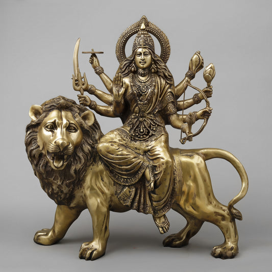 Brassaura™ 26.5-Inch Brass Durga Idol – 35.38kg – Majestic 8-Armed Goddess Seated on Lion with Golden Finish for Temple, Home & Gifting