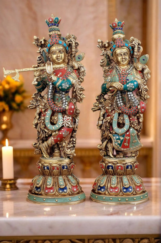 Brassaura™ Brass Radha Krishna Idol Pair – Height 21 Inches & Weight 18 Kgs | Handcrafted Devotional Statues