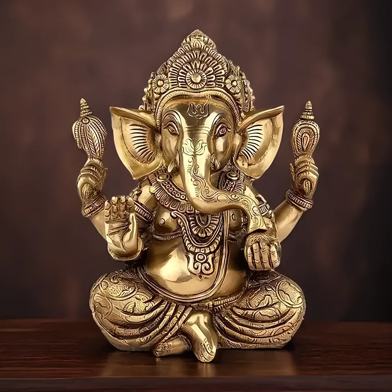 Brassaura™ Brass Taj Ganesha Statue – Height 5.9 inches & Weight 3.8 kgs | Ganpati Idol for Temple & Home Decor