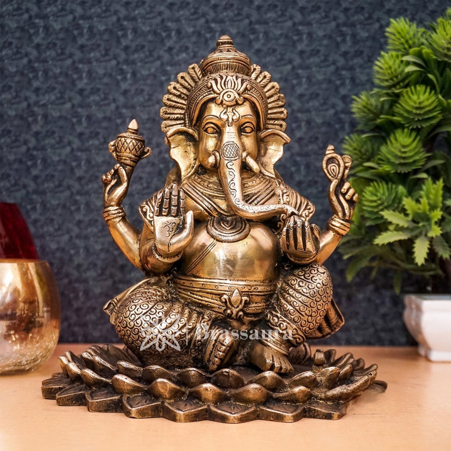Brassaura™ Brass Lotus Ganesha Idol for Home and Decor | Weight 3.7 Kgs | Height 7.5 Inches