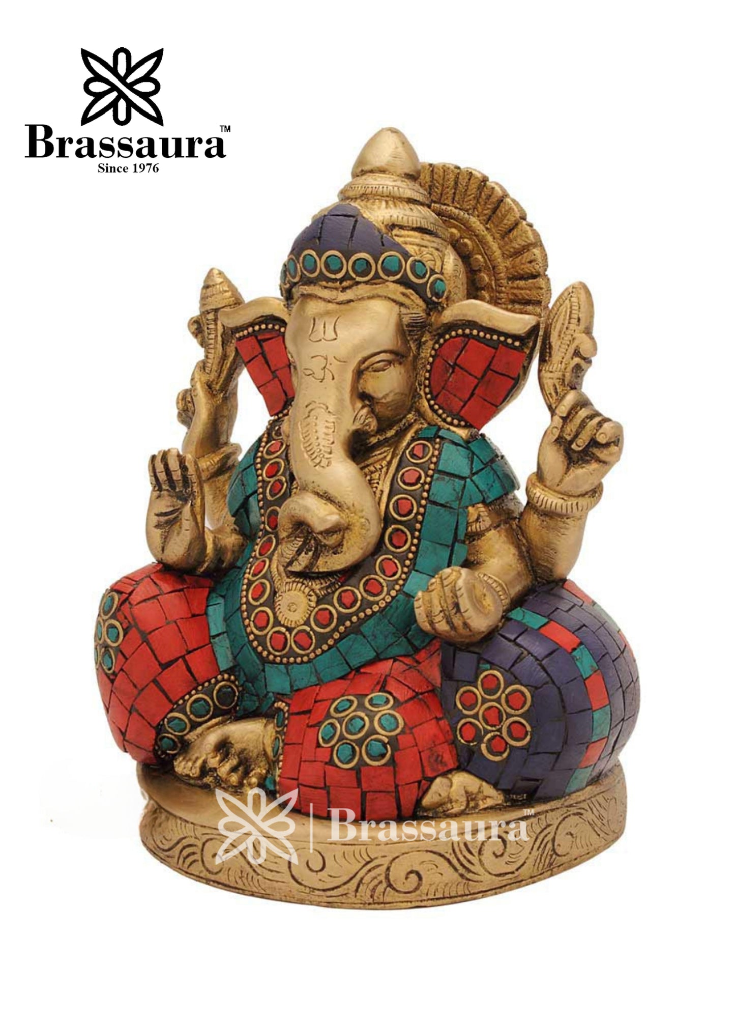 Brass Gem Stone Work Ganesha Statue For Home Decor Weight 2.4 Kg And Height 6 Inch