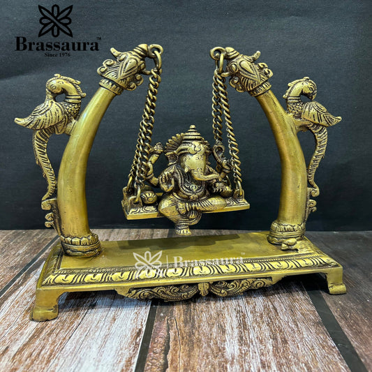 Brassaura™ Brass Ganesha Jhula Idol for Home and Decor | Weight 3.1 Kgs | Height 9.5 Inches