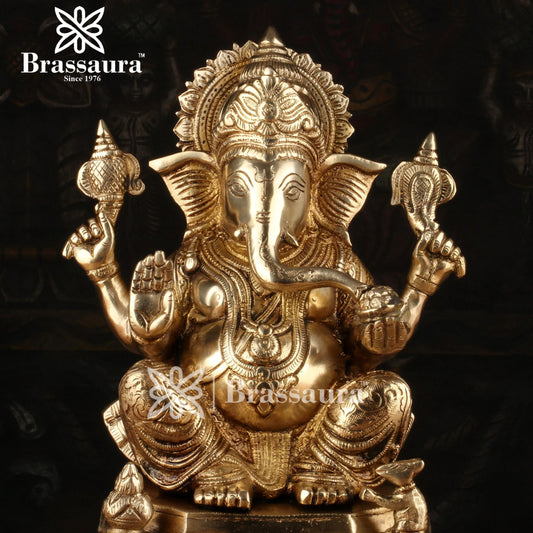 Brassaura™ Brass Chowki Ganesha Idol for Home and Decor | Weight 5.6 Kgs | Height 11 Inches