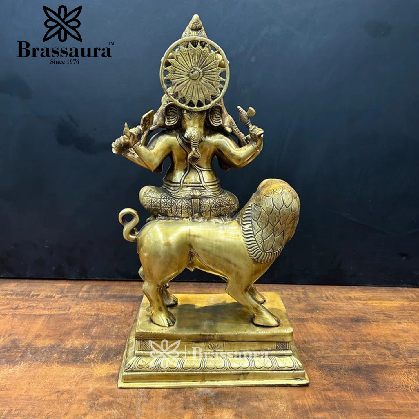 Brassaura™ Brass Ganesha & Lion Idol for Home and Decor | Weight 20.4 Kgs | Height 22.05 Inches