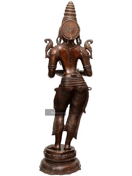 Brassaura™ Large Deeplakshmi Brass Sculpture with Parrot on Shoulders – Height 44.49 inches | Weight 29.20 kgs