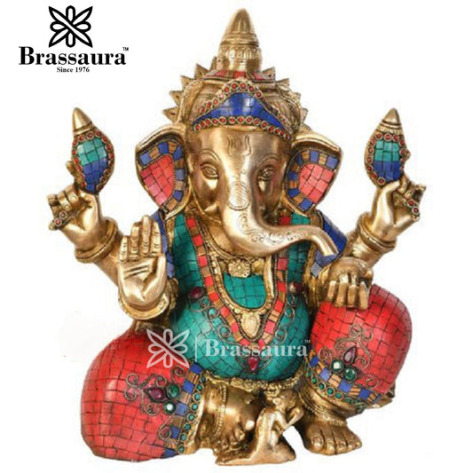 Brassaura™ Brass Gem Stone Work Ganesha Idol for Home Décor | Weight 13 Kgs | Height 13 Inches