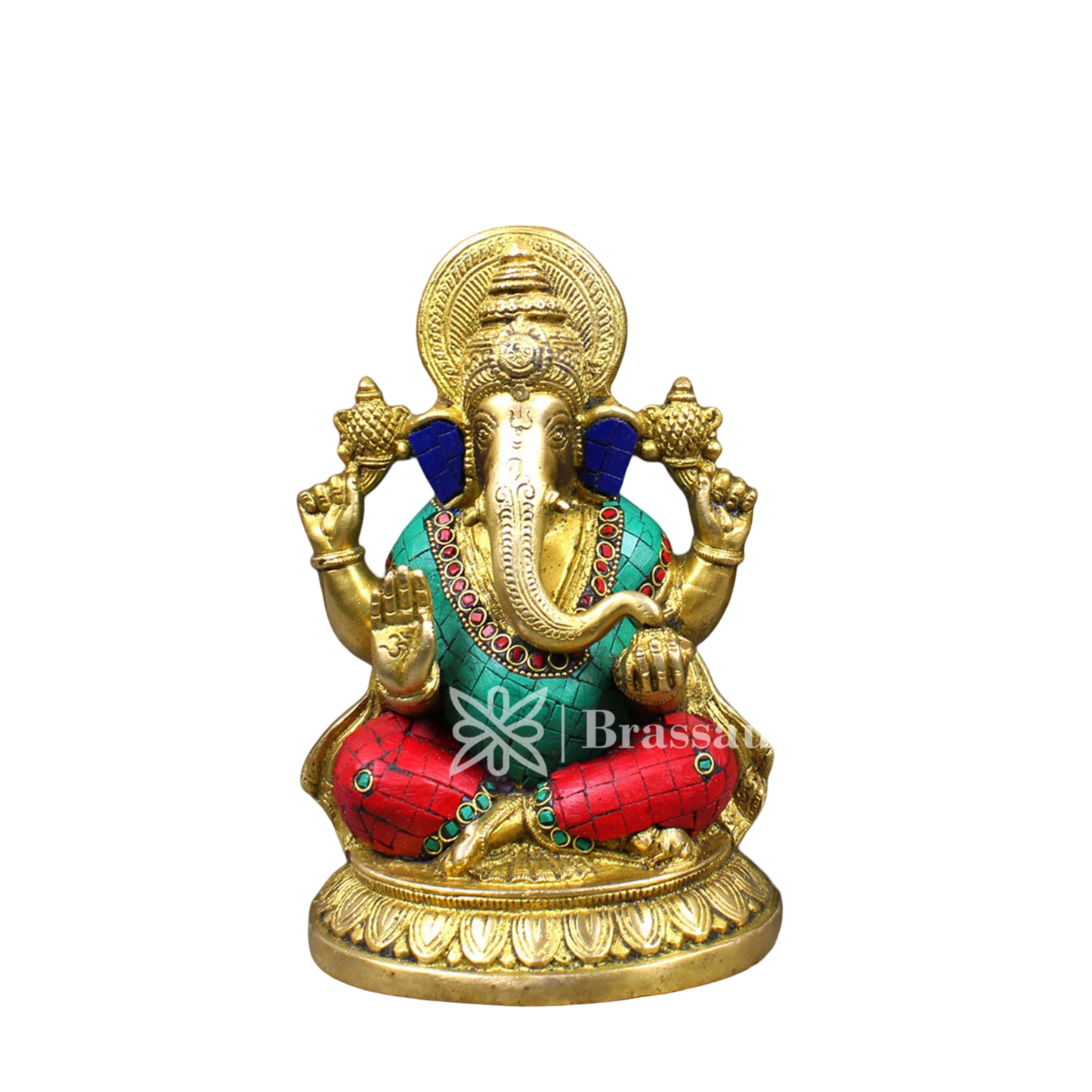 Brassaura™ Brass Gem Stone Work Ganesha Idol for Home and Decor | Weight 2.9 Kgs | Height 8.5 Inches