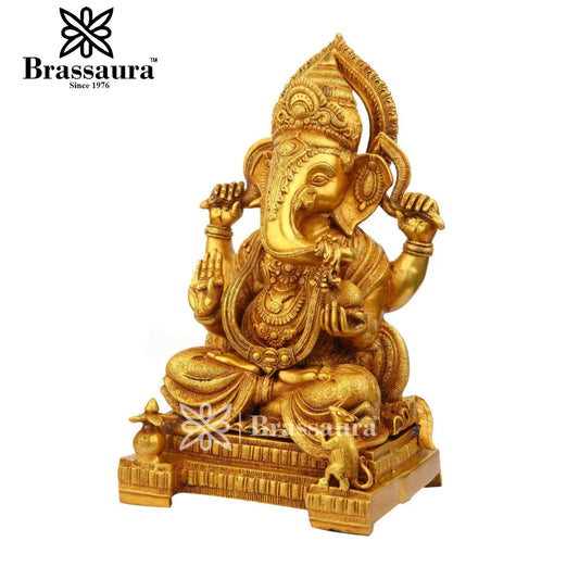 Brassaura™ Brass Chowki Ganesha Idol for Home and Decor | Weight 15 Kgs | Height 18 Inches