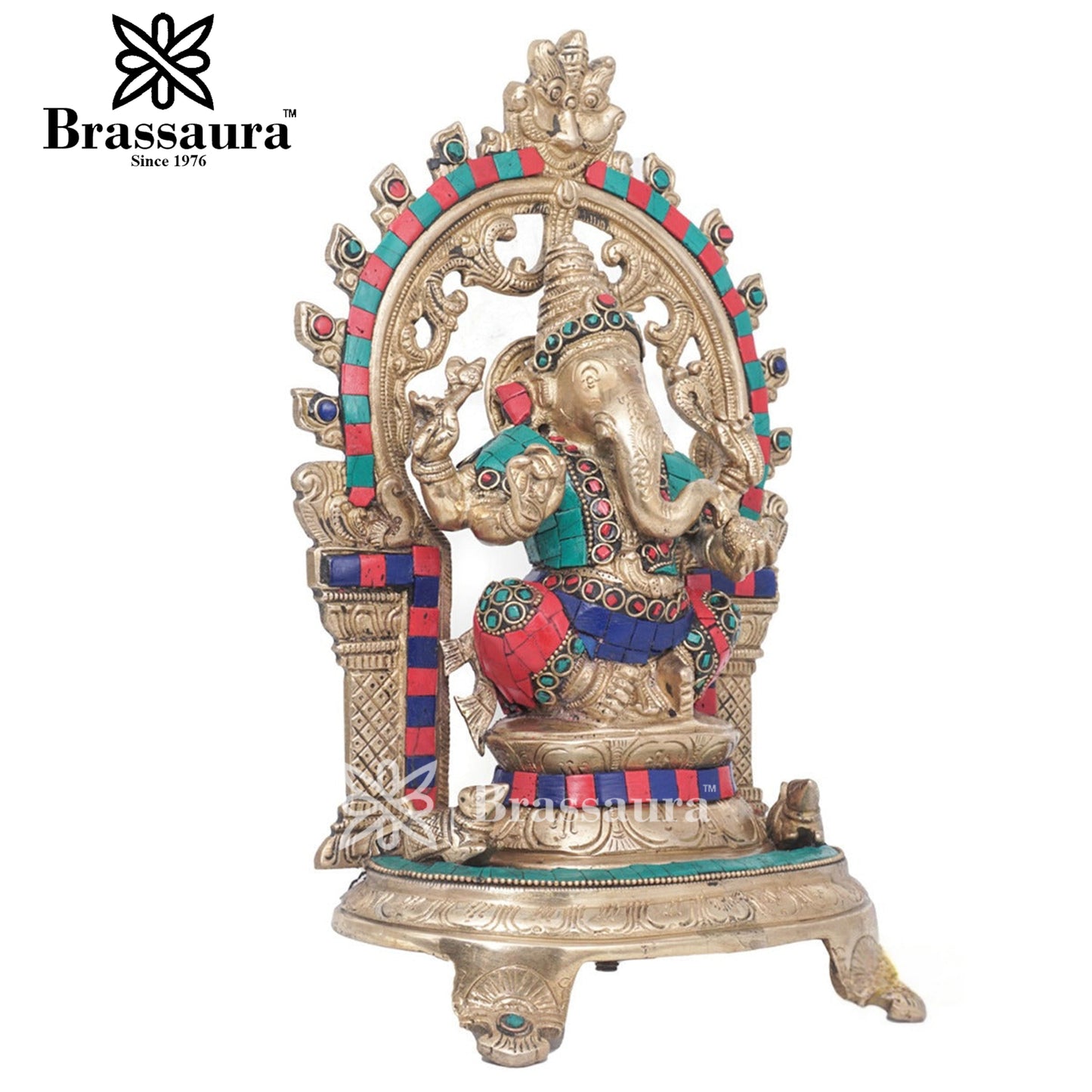 Brass Gem Stone Work Ganesha Statue For Home Decor And Gift Item Weight 4.4 Kg And Height 11.5 Inches