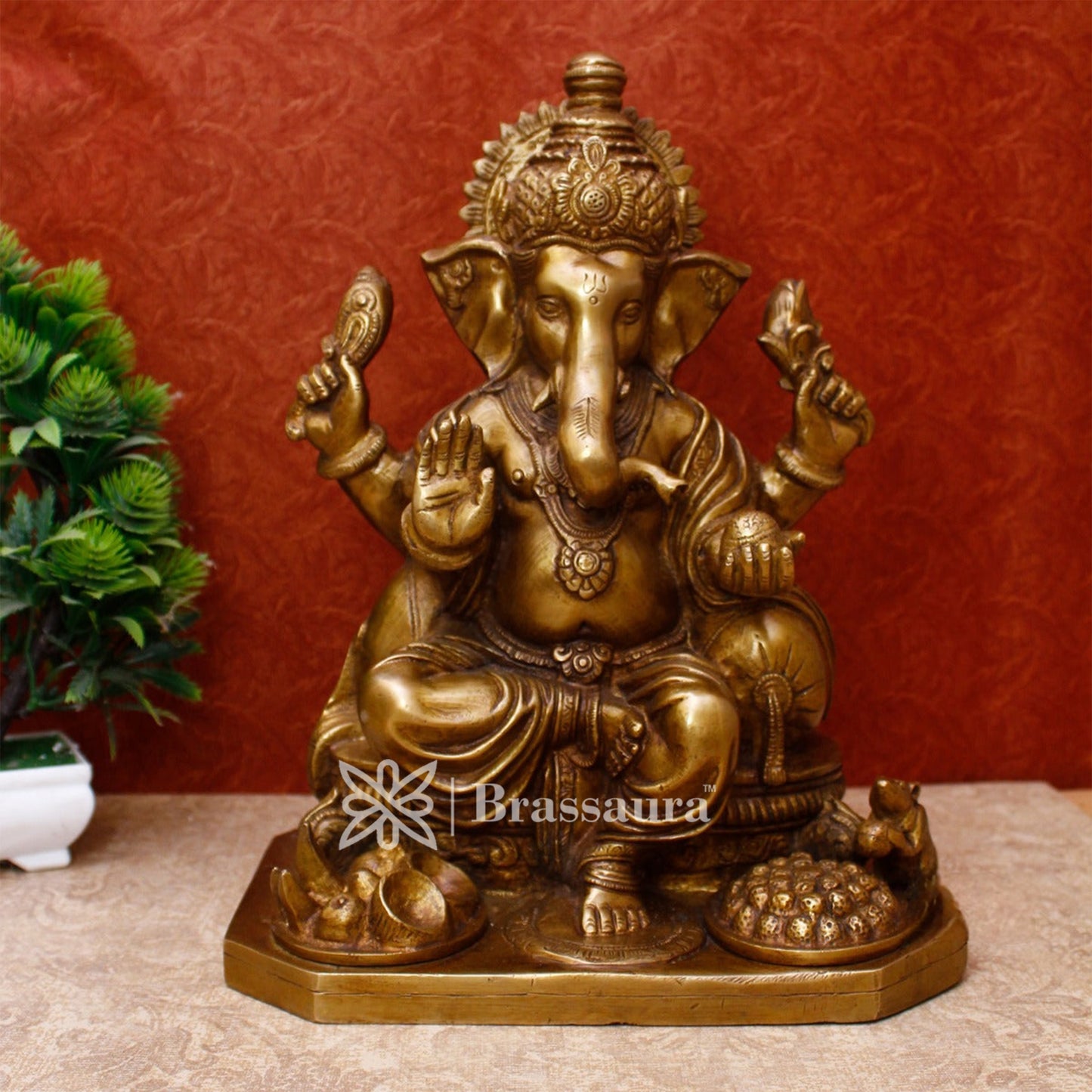 Brassaura™ Brass Fruit Ganesha Idol for Home and Decor | Weight 8.8 Kgs | Height 12 Inches