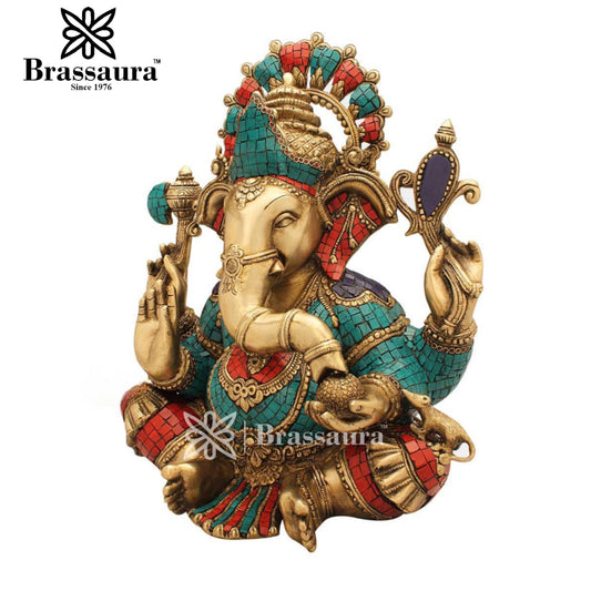 Brassaura™ Brass Chaturbhuj Sitting Ganesha Idol for Home and Decor | Weight 16.7 Kgs | Height 17.2 Inches