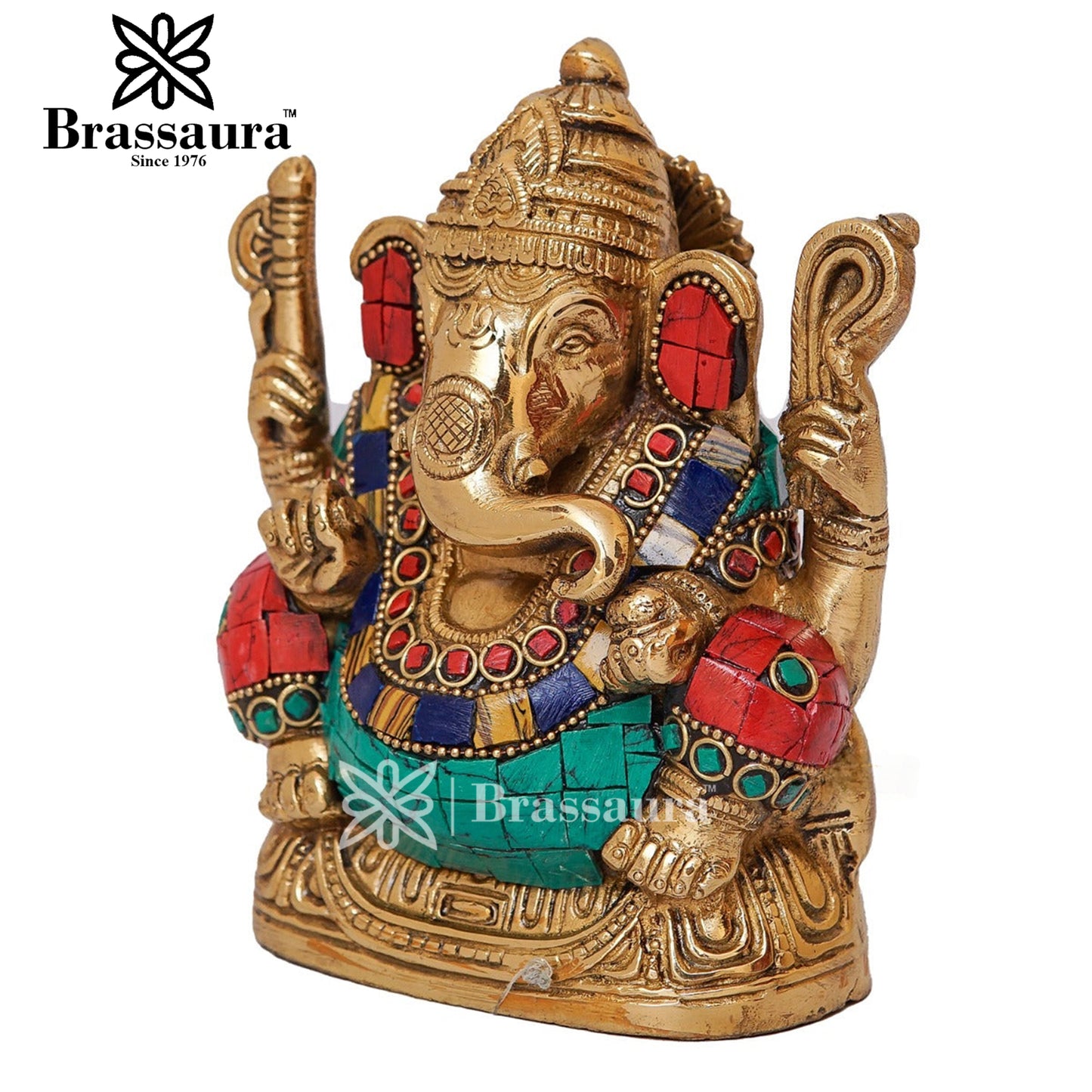 Brass Gem Stone Work Ganesha Statue For Home Decor And Gift Item Weight 1.4 Kg And Height 5.5 Inches