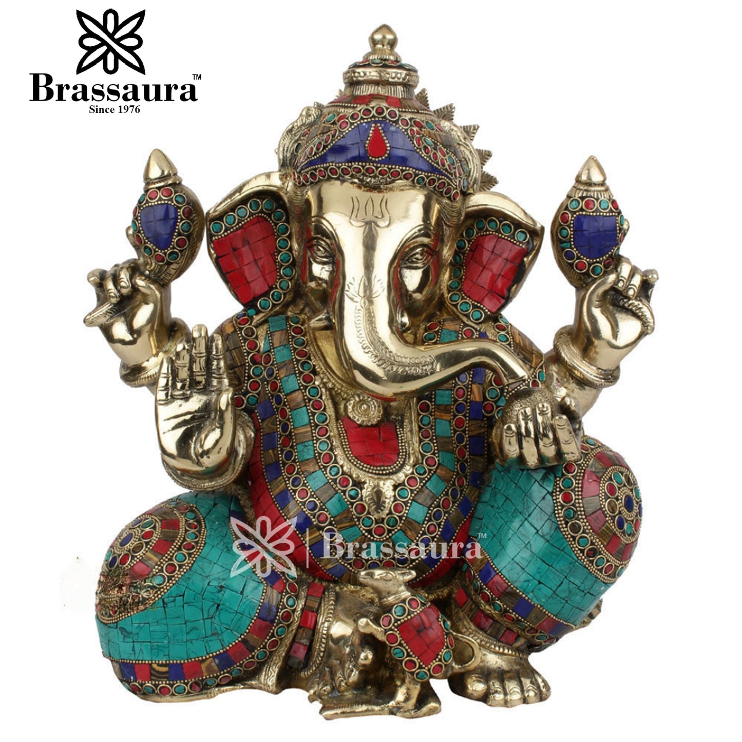 Brassaura™ Brass Gem Stone Work Ganesha Idol for Home Décor | Weight 12.9 Kgs | Height 13 Inches