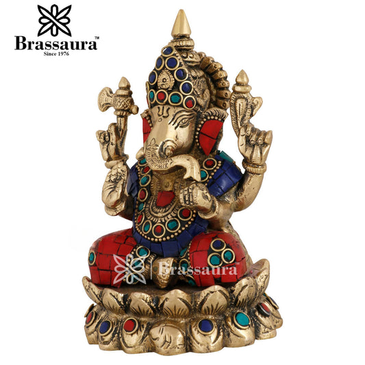 Brassaura™ Brass Gem Stone Work Ganesha Idol for Home Décor | Weight 1.5 Kgs | Height 5 Inches