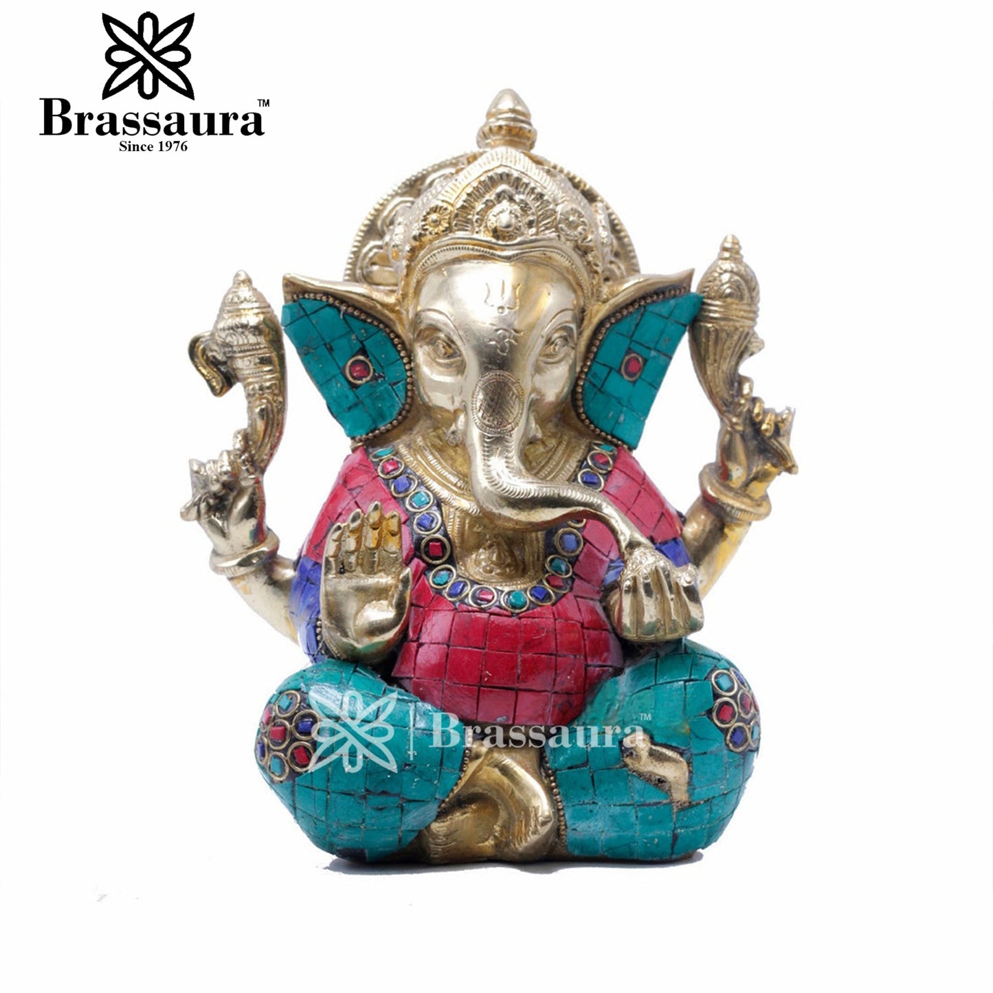 Brassaura™ Brass Gem Stone Work Ganesha Idol for Home and Decor | Weight 3.4 Kgs | Height 8 Inches