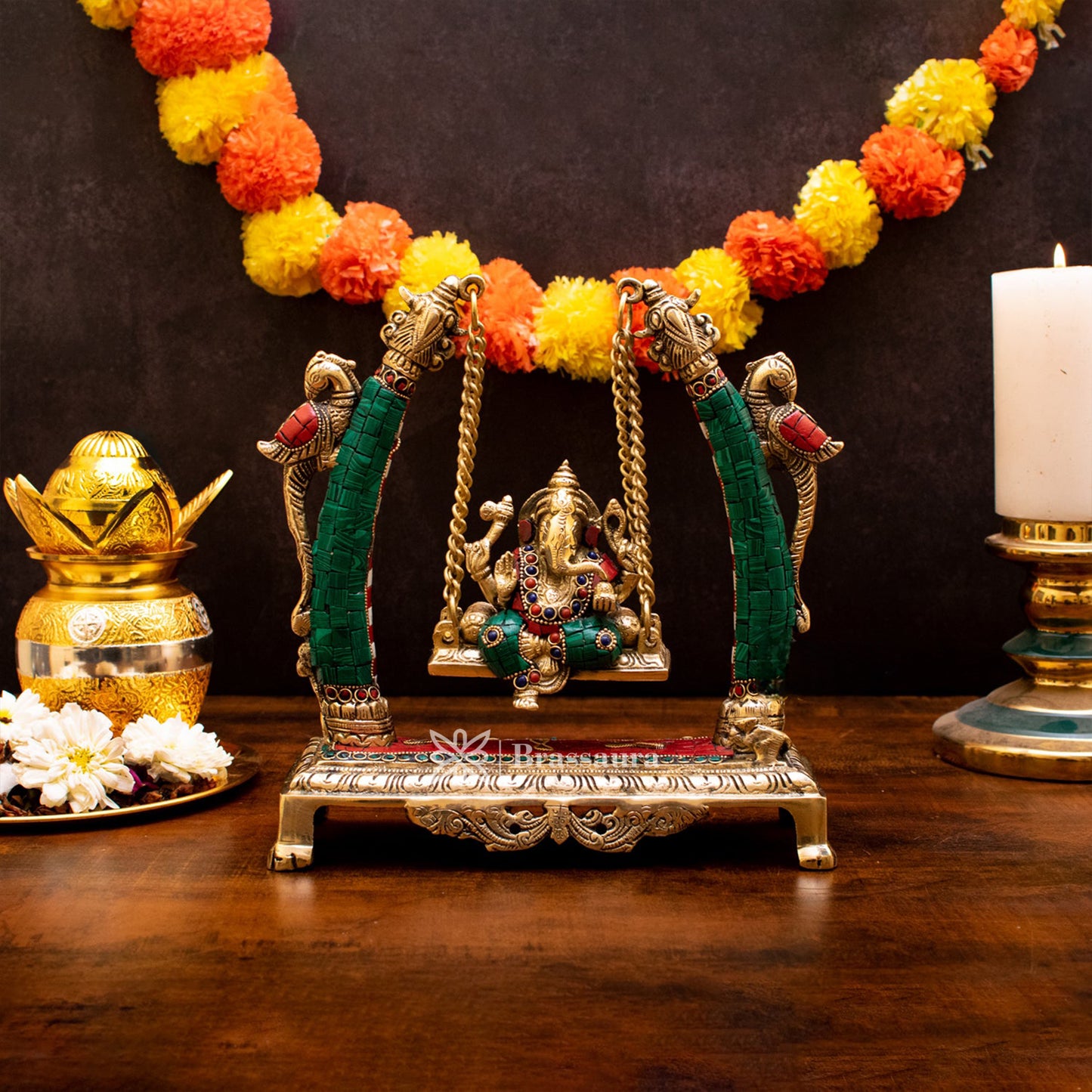 Brassaura™ Brass Gem Stone Work Ganesha Jhula Idol for Home and Decor | Weight 3.37 Kgs | Height 9.5 Inches