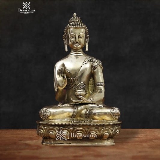 Brassaura® Artistic Superfine Brass Buddha Sitting on Lotus | Pure Superfine Brass Handcrafted Murti | Brass Statue for Home Temple, Pooja Room | Height 12 Inches | Weight 3.9 Kg