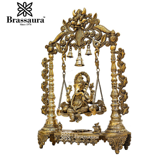 Brassaura™ Brass Ganesha Jhula Idol for Home and Decor | Weight 16.6 Kgs | Height 26 Inches