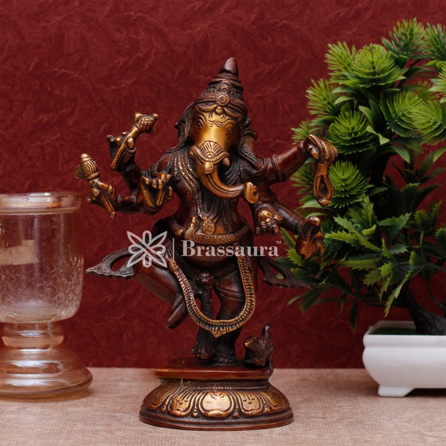 Brassaura™ Brass Dancing Ganesha Idol for Home and Decor | Weight 2.4 Kgs | Height 9 Inches | Multi-Coloured