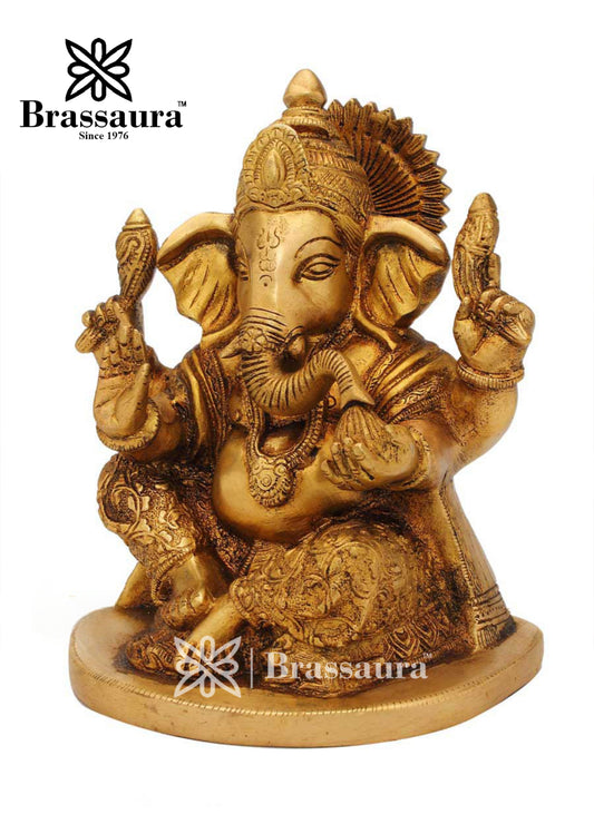 Brassaura™ Brass Ganesha Idol for Home Decor | Weight 2.4 Kgs | Height 7 Inches