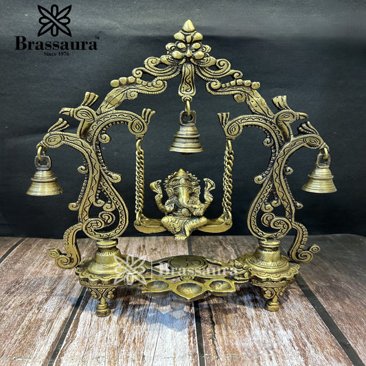 Brassaura™ Brass Ganesha Jhula Idol for Home and Decor | Weight 2.6 Kgs | Height 14 Inches