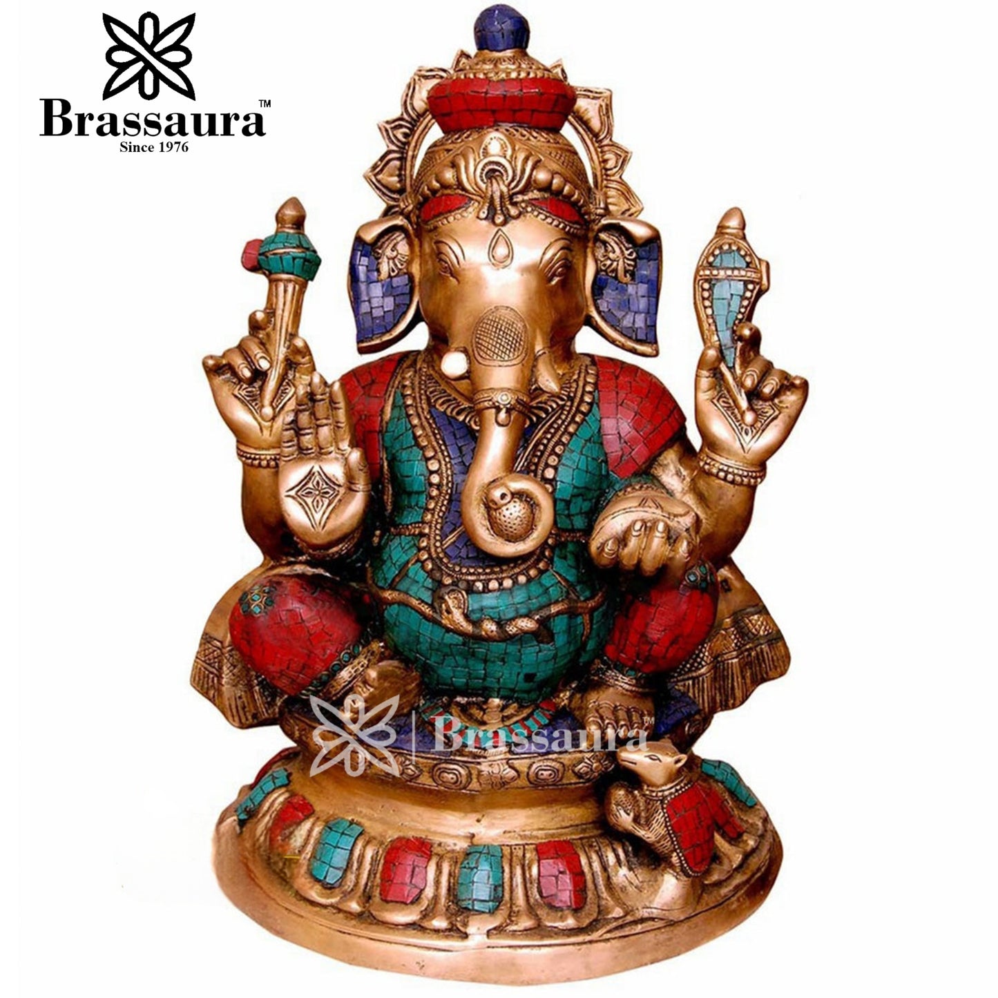 Brassaura™ Brass Gem Stone Work Ganesha Statue for Home Décor & Gift | Weight 21 Kgs | Height 22 Inches