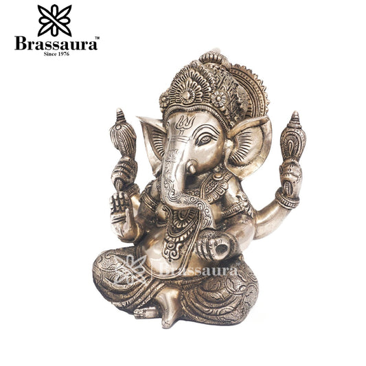 Brassaura™ Brass Ganesha Idol for Home and Decor | Weight 3.9 Kgs | Height 9 Inches