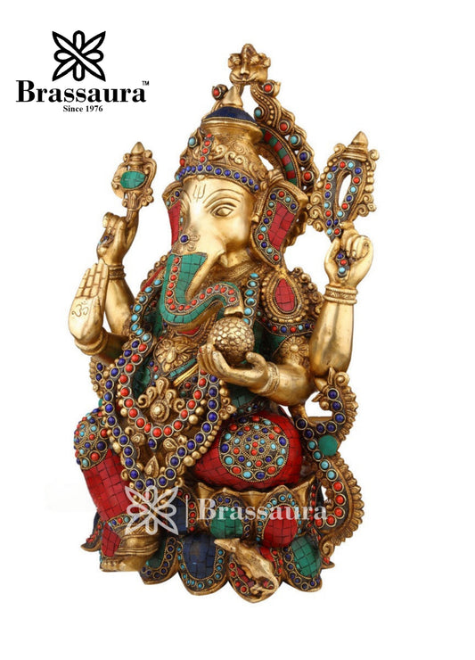 Brassaura™ Brass Big Size Gem Stone Work Jewellery Ganesha Idol for Home Décor | Weight 23 Kgs | Height 22 Inches