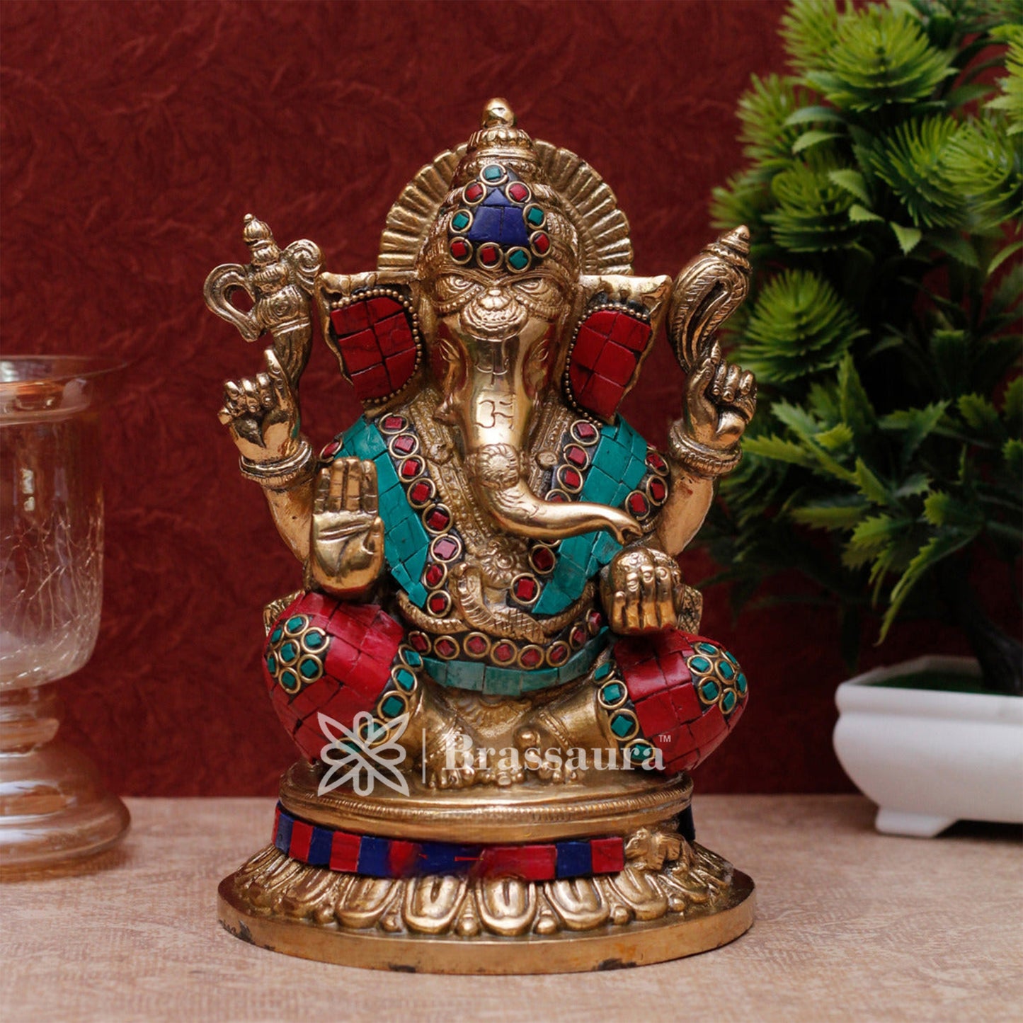 Brassaura™ Brass Gem Stone Work Ganesha Idol for Home and Decor | Weight 3.1 Kgs | Height 8.5 Inches