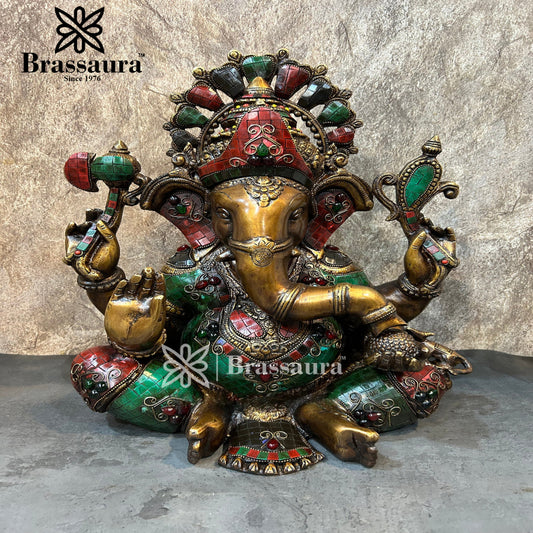 Brassaura™ Brass Ganesha Statue for Home and Decor | Weight 18.6 Kgs | Height 16 Inches