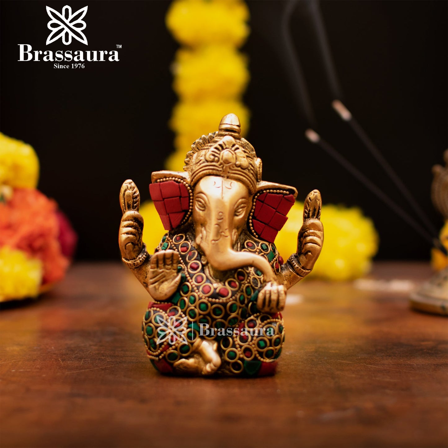 Brassaura™ Brass Gem Stone Work Appu Ganesha Idol for Home and Decor | Weight 0.8 Kgs | Height 4.5 Inches