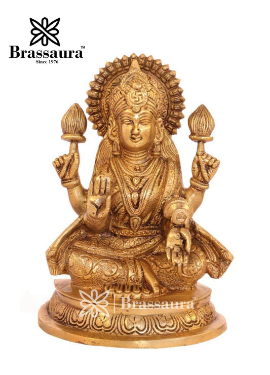 Brassaura™ Classic Brass Laxmi Statue – Height 8 Inches & Weight 3 Kgs | Puja Room Idol