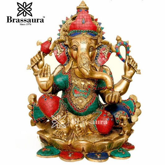 Brassaura™ Brass Ganesha Statue for Home Décor & Gift | Weight 29 Kgs | Height 21 Inches