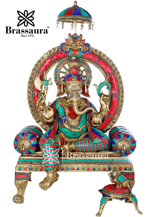 Brassaura™ Brass Gem Stone Work Ganesha Idol for Home Decor | Weight 90 Kgs | Height 47 Inches