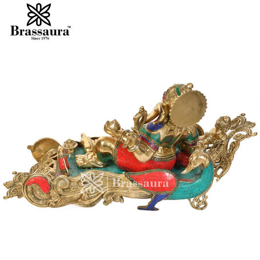 Brass Gem Stone Work Relaxing Ganesh Idol For Home Decor Weight 36 Kg And Height 16 Inch